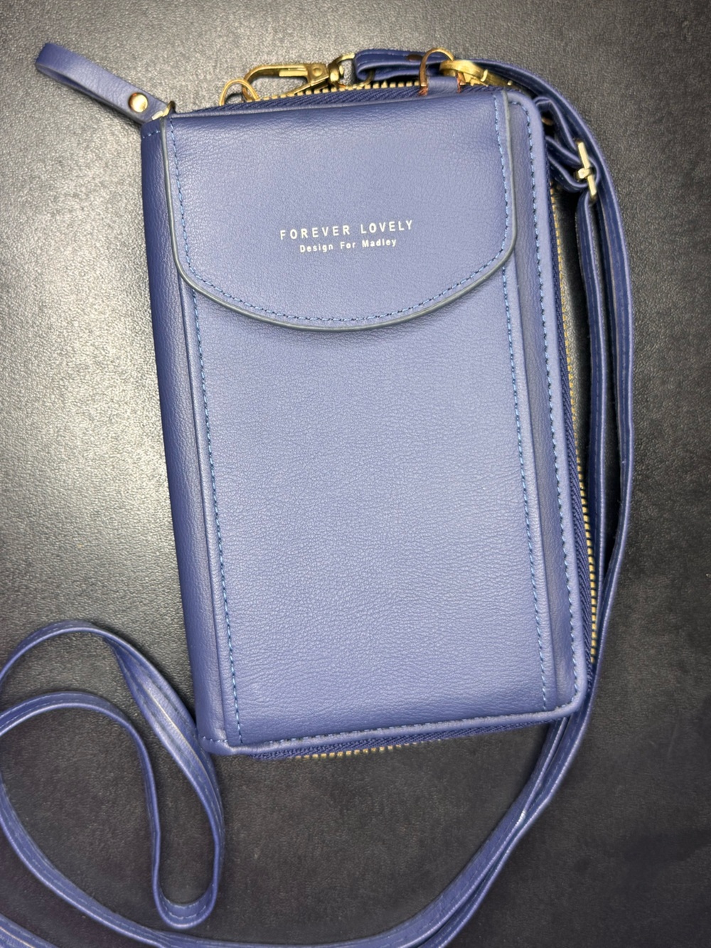 Forever Lovely Blue Crossbody Wallet Phone Purse Organizer Gold Zip Faux Leather